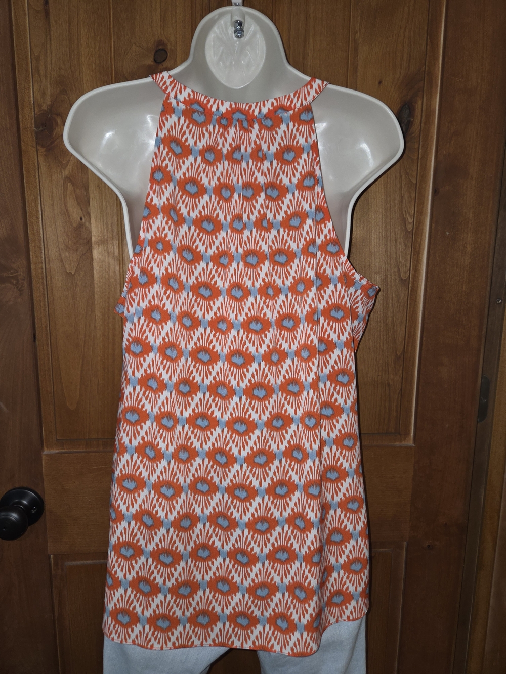 CAbi Orange and Light Blue Printed Ruffle V- Neck Tank - Picture 4 of 8
